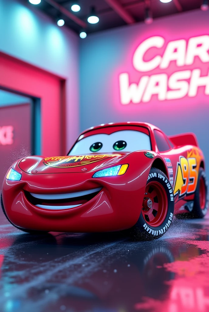 Create a lightning mcqueen logo for a carwash company with barby style