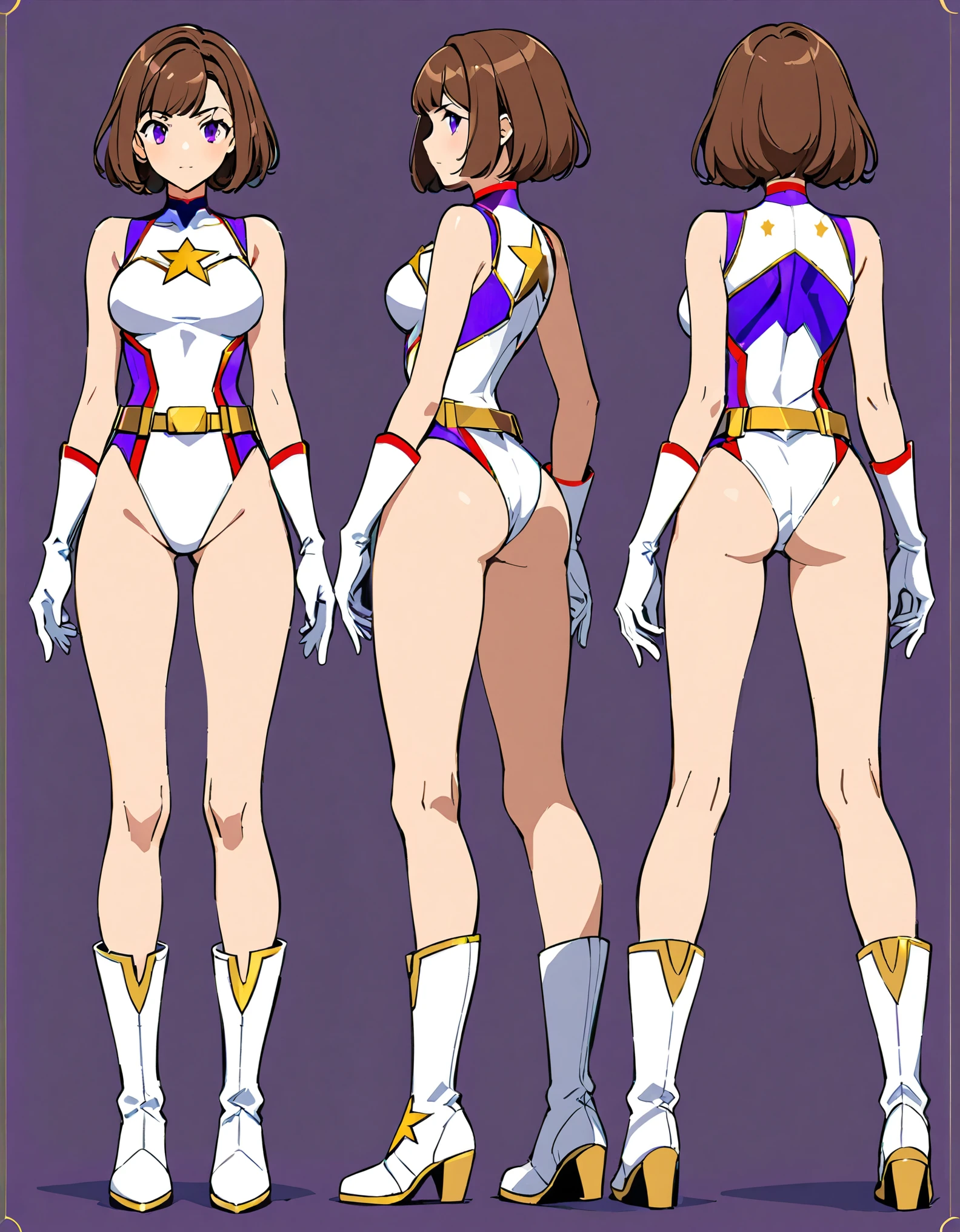 (masterpiece), (best quality), (high res), medium breasts, ((leotard, white and red leotard, matching leotard:1.2, sleeveless, bare legs)), ((tight belt, gold belt)), ((boots, matching boots, ankle-high boots, white boots)), ((gloves, white gloves)), solo, solo focus, standing, ((beautiful detailed eyes)), ((gold star symbol on chest)), (brown hair, medium hair, bob hair, purple eyes), (perfect hands, perfect anatomy), superhero, full body costume design. Simple background, multiple views, Character Sheet Full-Length.