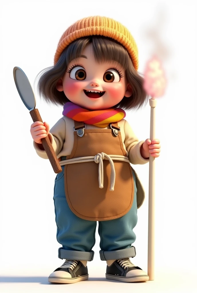 A  chubby girl, short-legged, large eyes, White skin, Brown hair in shoulder-length waves, With a colorful scarf on her head, WHITE POLE, jean azul, black chunky sneakers and brown apron, holding a frying pan in his hand. With gestures of happiness 