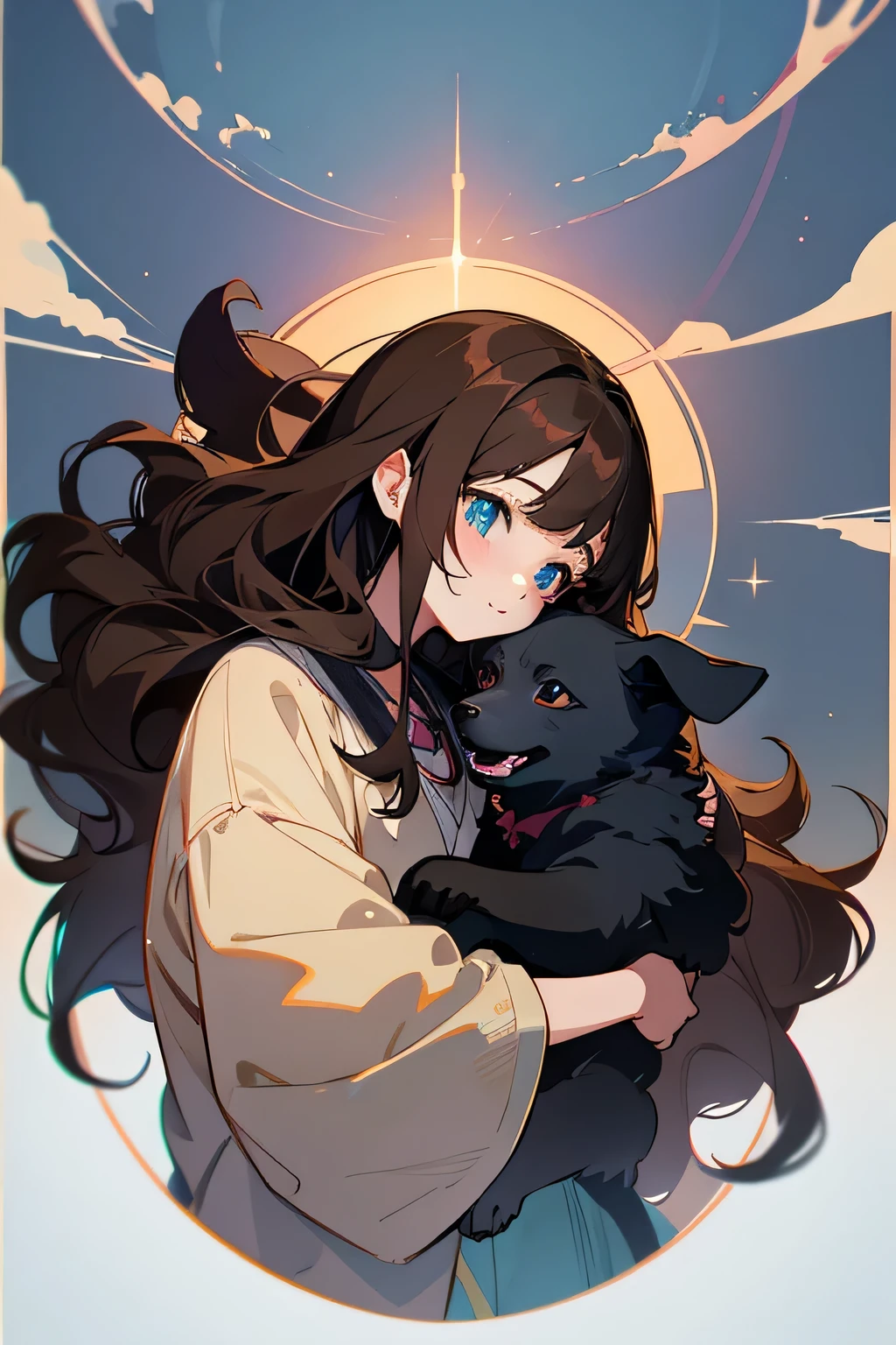 anime girl with brown hair hugging a black puppy, anime girl with black dog, anime girl with long hair, anime girl with blue eyes, wavy hair, anime visual of a cute girl, lofi girl, anime style 4 k, young anime girl, anime artstyle, artwork in the style of guweiz, beautiful anime portrait, soft anime illustration, graphic design, circle design, circle