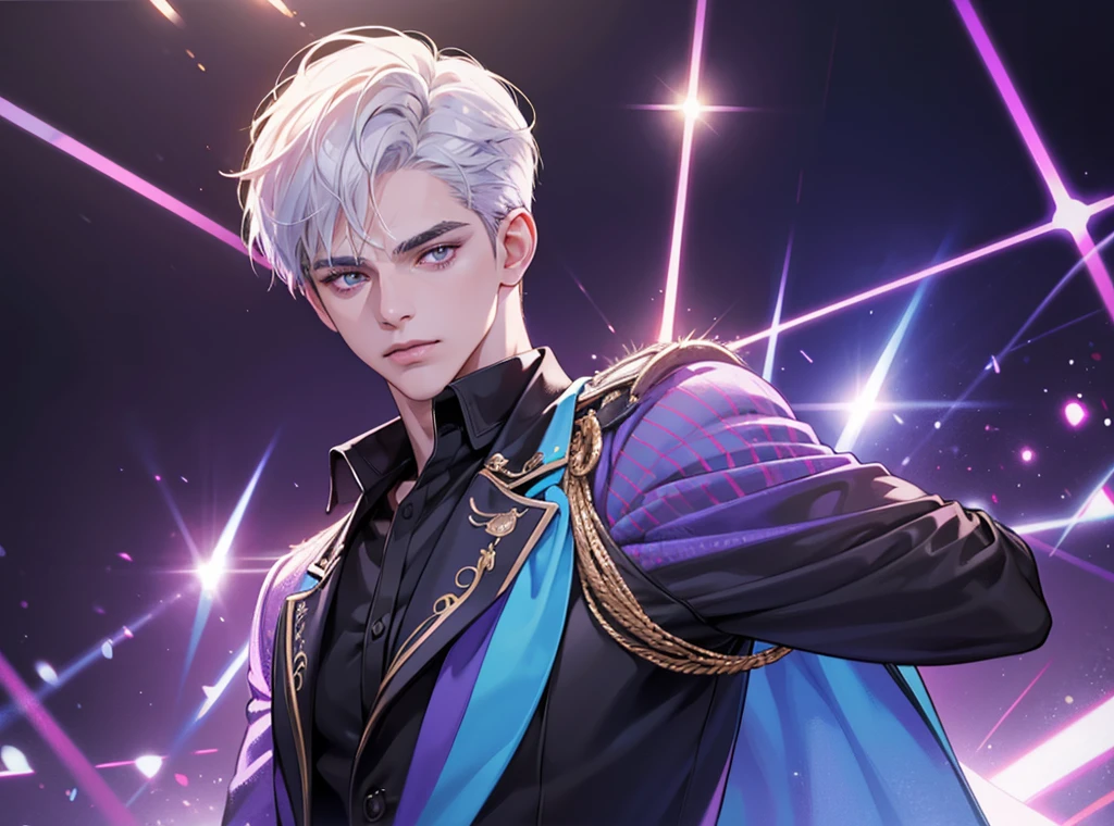 1 handsome modern idol, man with short white hair and brown eyes, wearing stylish idol costume on stage, detailed facial features, cinematic lighting, purple and blue neon lights in background, highly realistic, 8K, ultra-detailed, photorealistic, masterpiece, cinematic lighting, dramatic, beautiful portrait, sharp focus, vivid colors