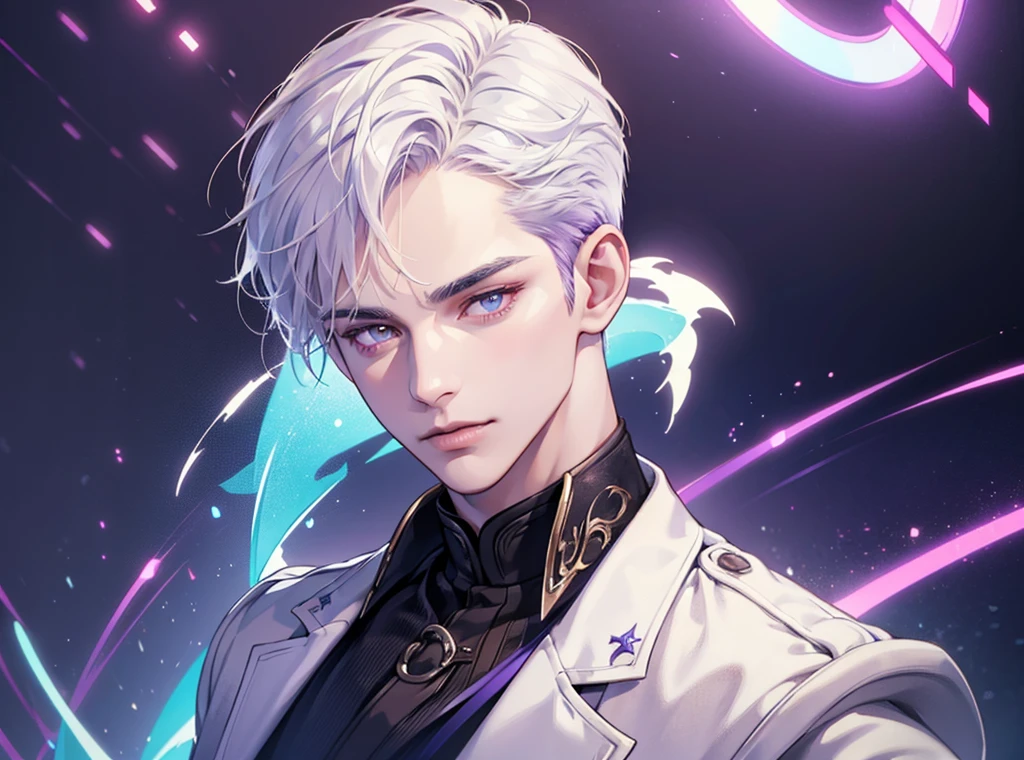 1 handsome modern idol, man with short white hair and brown eyes, wearing stylish idol costume on stage, detailed facial features, cinematic lighting, purple and blue neon lights in background, highly realistic, 8K, ultra-detailed, photorealistic, masterpiece, cinematic lighting, dramatic, beautiful portrait, sharp focus, vivid colors
