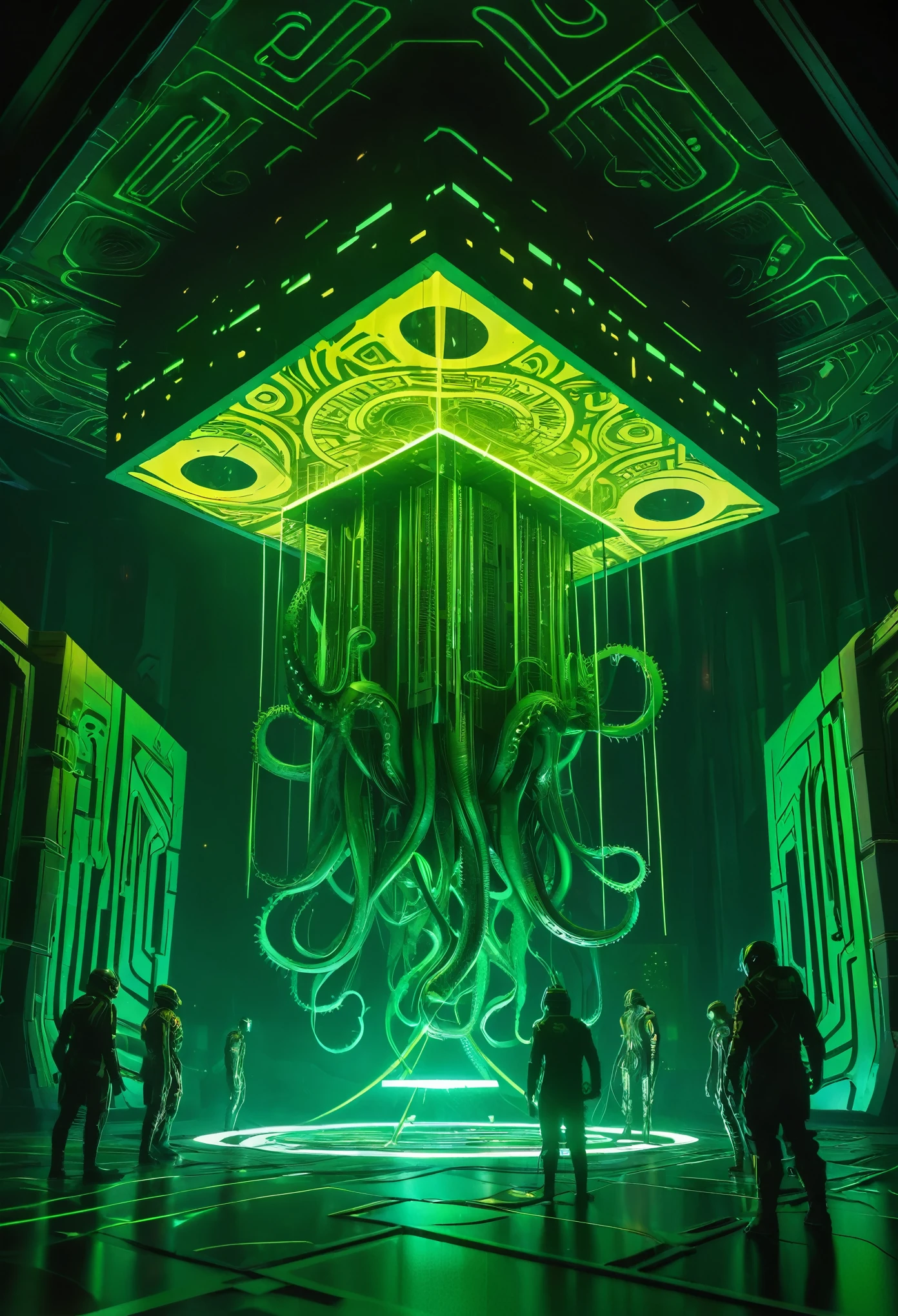 A gigantic floating cuboid structure with dark, twisting tentacles, radiating an intense green light from the circular patterns and eyes with illuminated symbols embedded in their faces. The scene has a dark and futuristic atmosphere., with a greenish-yellow lighting that envelops the entire space, full of geometric shapes and blocks suspended in the air. Two tiny, zombified figures appear to be wandering in front of this monstrous entity., highlighting its colossal scale. The atmosphere is oppressive and mysterious., as if the place were a prison or a temple of some cosmic deity. The style is a combination of science fiction and cosmic horror, with intricate details and a sense of alien grandeur.