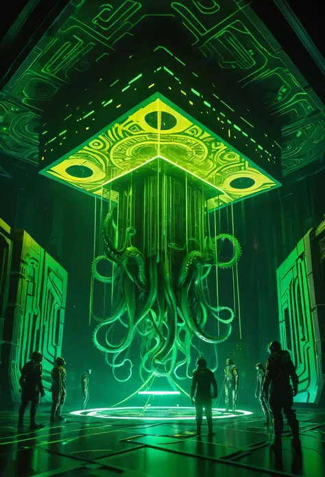 a gigantic floating cuboid structure with dark, twisting tentacles, radiating an intense green light from the circular patterns ...