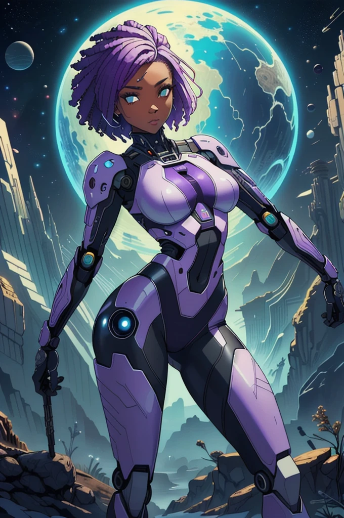 (masterpiece, top quality, best quality, official art, afro warrior very beautiful, super sexy and aesthetic:1.2), (1ebony intense erotic girl in action), (fractal art:1.2),absurdres, highres, ultra detailed, Ultra-precise depiction, Ultra-detailed depiction, solo, (zentangle:1.2), red eyes, floating purple hair, (skinny, thin body: 1.2), tanned skin, shiny skin, big ass, (abstract:1.2),cbpkv5, pantyhose,looking at viewer, full body, sensual cyberpunk astronaut robot, complex muscular robot, halo, in a mistery, dangerous and savage planet in a sci-fi space battle