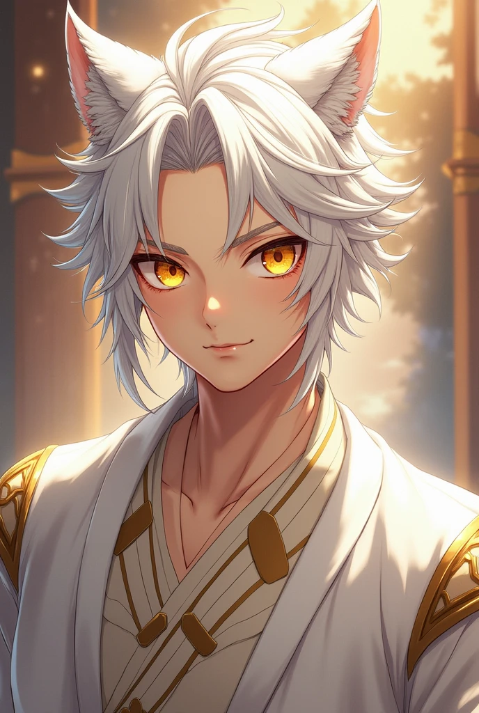 An anime character, Brown man, Cao Cao, His race is demi-human lion short white hair, Golden pupils, white eyelashes, white eyebrows, light or white clothes with gold or silver details