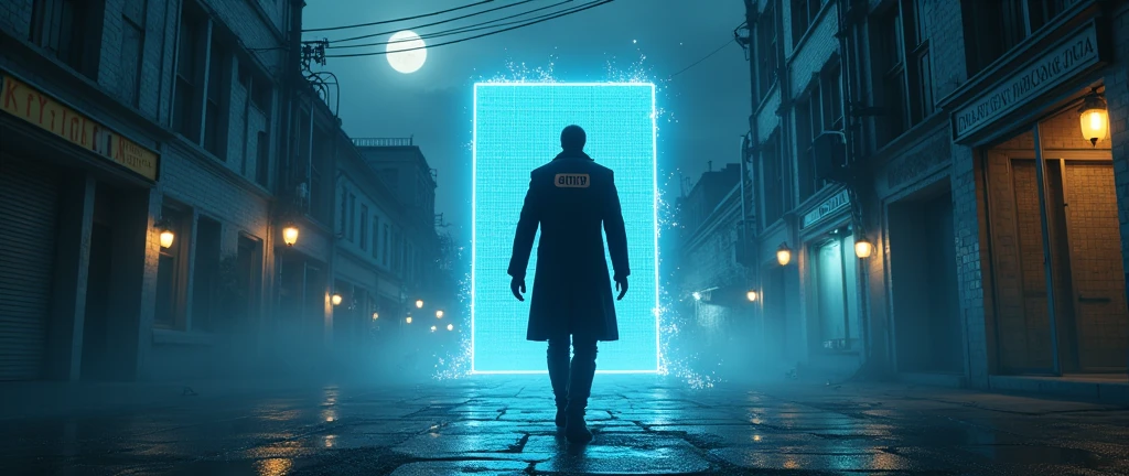 there is a man in an overcoat entering a portal, he is entering an interdimensional portal, there is a blue light technology watch on your wrist, he wears high boots, your coat is written "ARP" in back, He is tall, o portal tem bordas de energy azul, he is on an avenue, the portal leads to a tiled room, noir style and investigation, he looks back over his shoulder, he has a pistol, sparks, sparks, energy, neon lamps, dirty station and flying newspapers, motion-blur, waning moon, cloudy night, light posts, dirty and abandoned modern cars, motion blur effect, lensflare effect, 