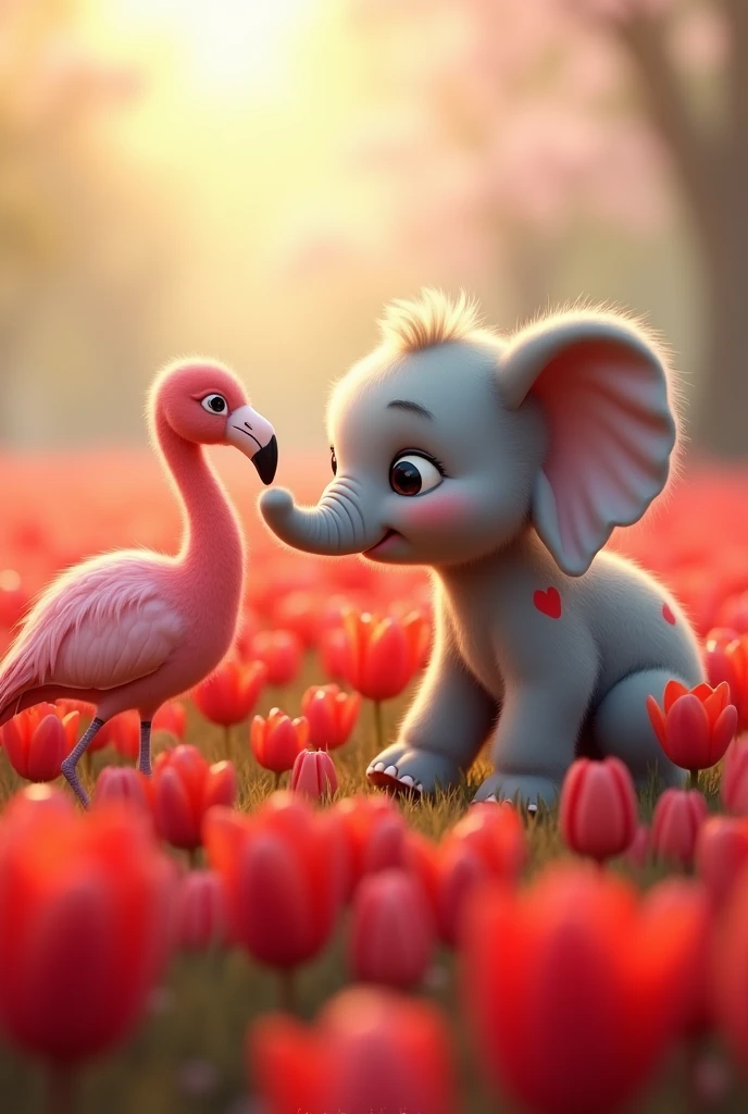 cute  elephant, right side of the body with red spots, walking in a field of red tulips, finds cute babymingo
