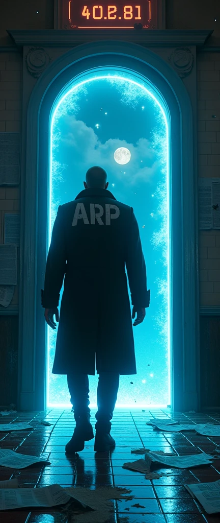 there is a man in an overcoat entering a portal, he is entering an interdimensional portal, he wears high boots, your coat is written "ARP" in back, He is tall, o portal tem bordas de energy azul, he is at a train station, the portal leads to a tiled room, noir style and investigation, he looks back over his shoulder, he has a pistol, there is a blue light technology watch on your wrist, sparks, sparks, energy, neon lamps, dirty station and flying newspapers, motion-blur, waning moon, cloudy night, light posts, abandoned modern train