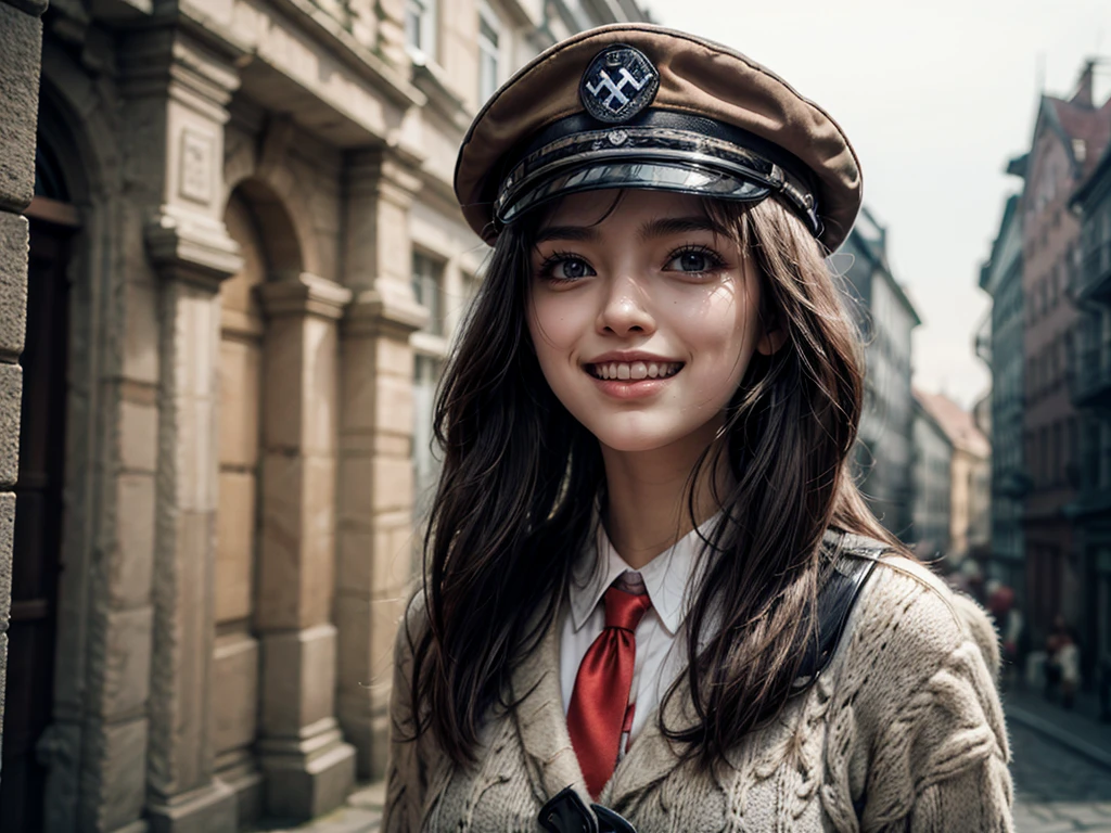 Woman, german, young 20 years old, with nazi cap, giving a scary smile