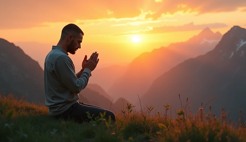 Create a serene and inspiring scene set during sunrise in a mountainous landscape. The focus is on a man kneeling in prayer on a grassy hilltop, facing the radiant sun rising over the horizon. The warm, golden light of dawn bathes the scene, highlighting the contours of the mountains in the background. The man, dressed in simple, casual clothing, appears deeply engrossed in his prayer, reflecting peace and devotion.