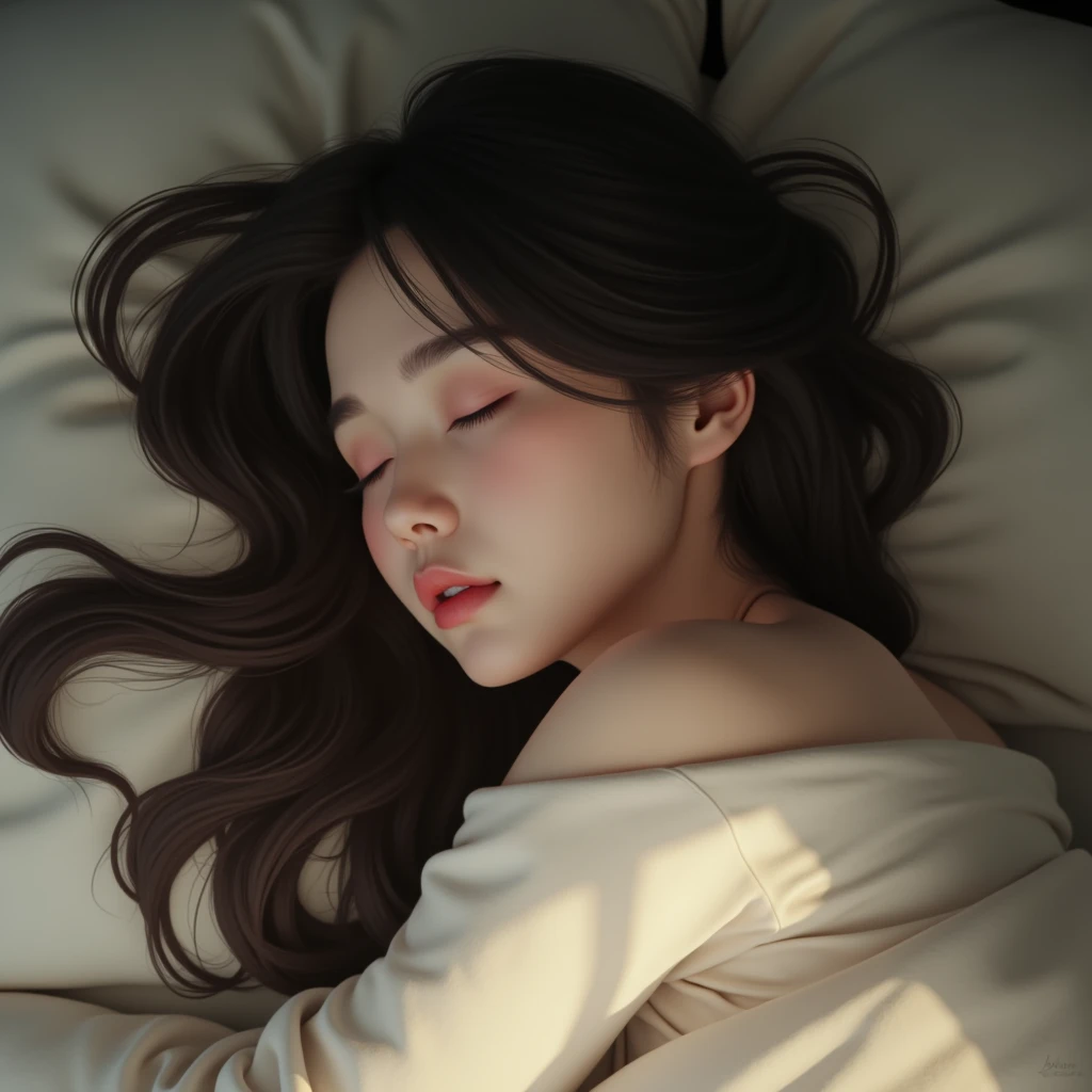 A beautiful brunette long-haired Korea girl sleeps peacefully with her hair on her arm