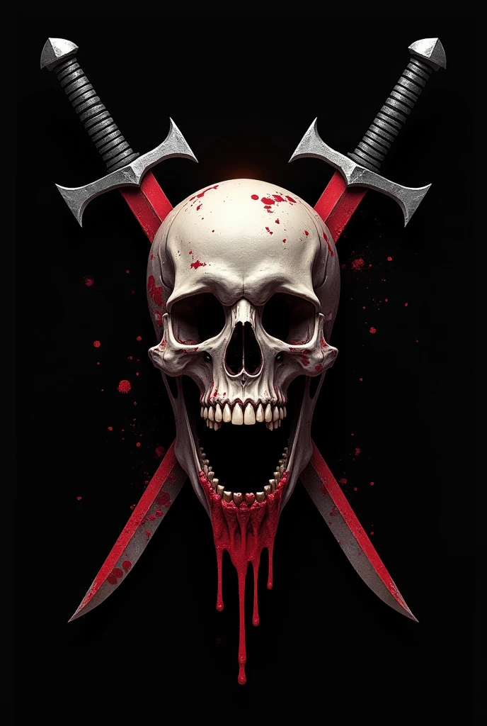 Make a logo with a black background in front of a skull with an open mouth while around it there are blood stains behind it that have 2 straight gray swords that make a V shape and behind that a red V for vendetta can be seen while blood is dripping from it
