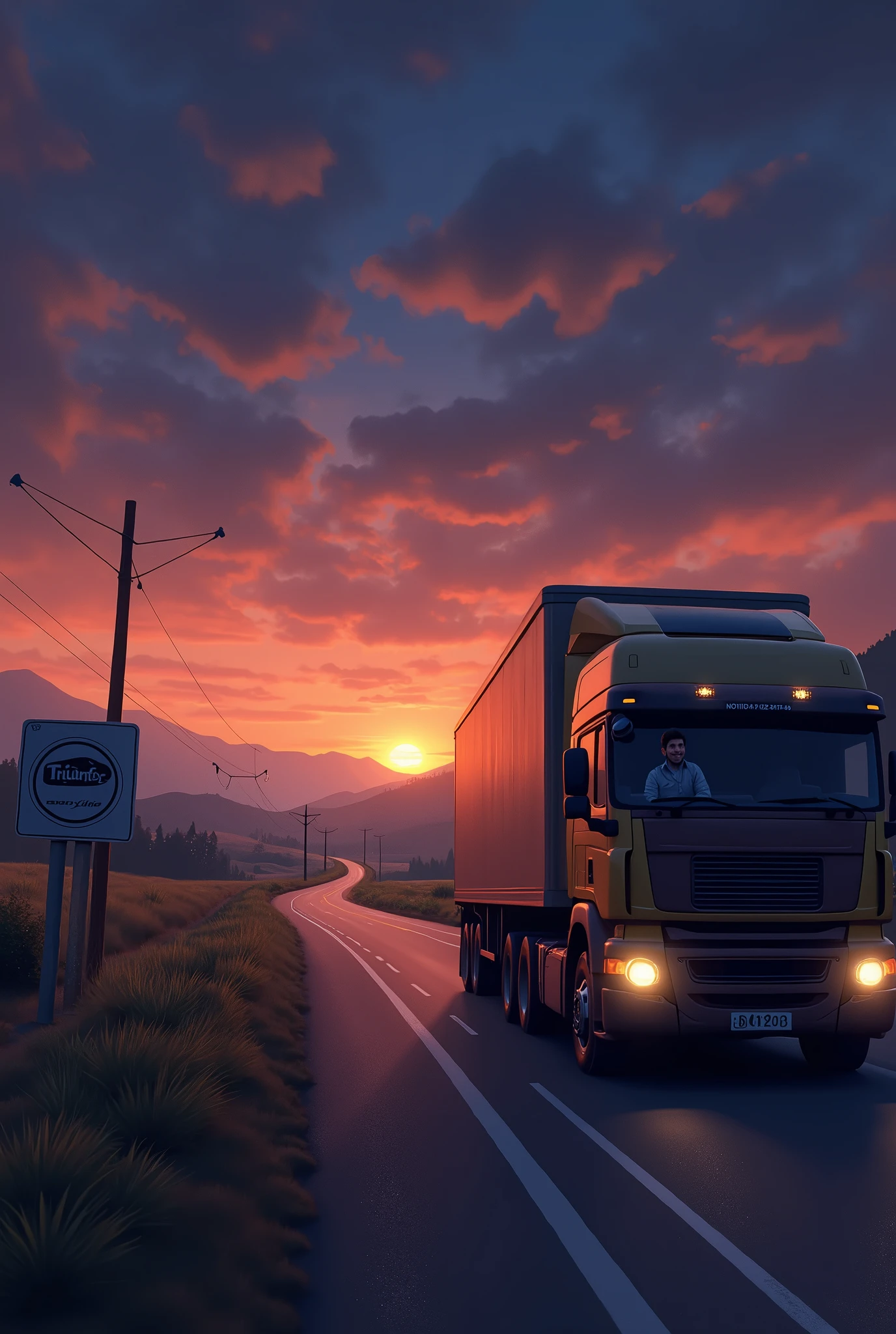 A long and winding road at twilight, with the sky tinged with orange and purple. A sturdy truck travels smoothly down the road illuminated by headlights. By the roadside, there is a stylized plate with the Triunfo Car Track logo. Em primeiro plano, a relaxed driver behind the wheel, with a slight smile of relief, while the surrounding scene exudes an atmosphere of calm and tranquility. The image must convey peace, protection and confidence on the journey.