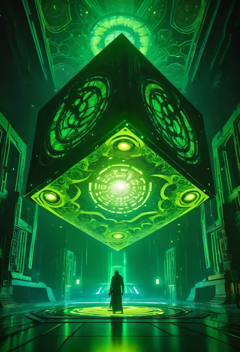 a gigantic floating cuboid structure with dark, twisting tentacles, radiating an intense green light from the circular patterns ...