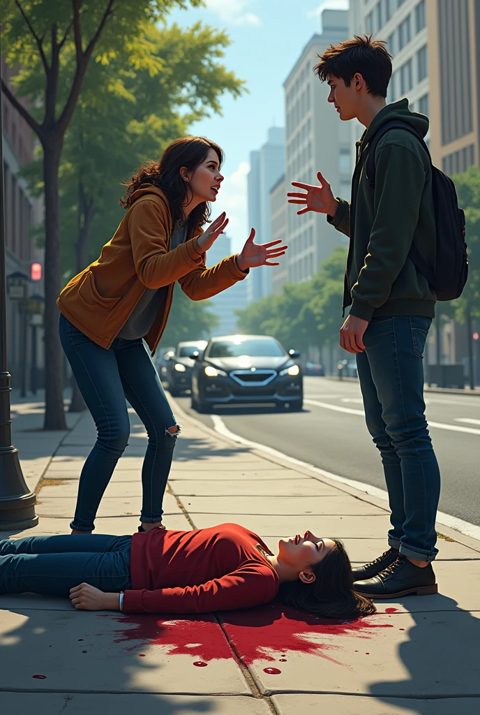 The , tearfully pleading with the young man, saying, “Help my friend! She was badly injured by a car, and we need to take her to the hospital.” Her friend, a young girl, is lying injured on the sidewalk, with a small pool of blood