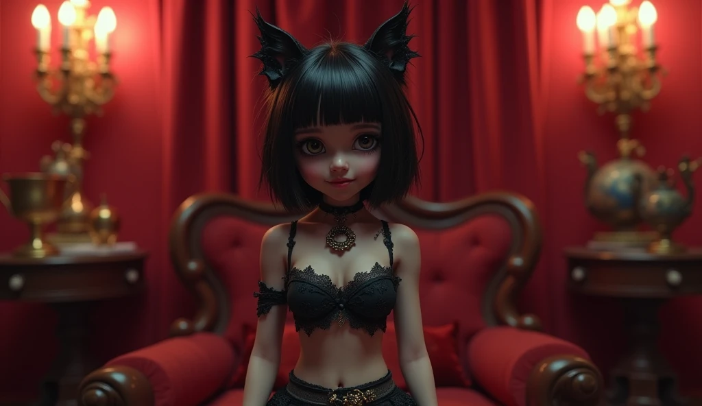 Cute midget dwarf girl, only 3 feet tall, sexy mini skirt, provocative smile, goth dark makeup, cat ears, in a velvet palace, ready for love, photo realistic, hdr, movie scene
