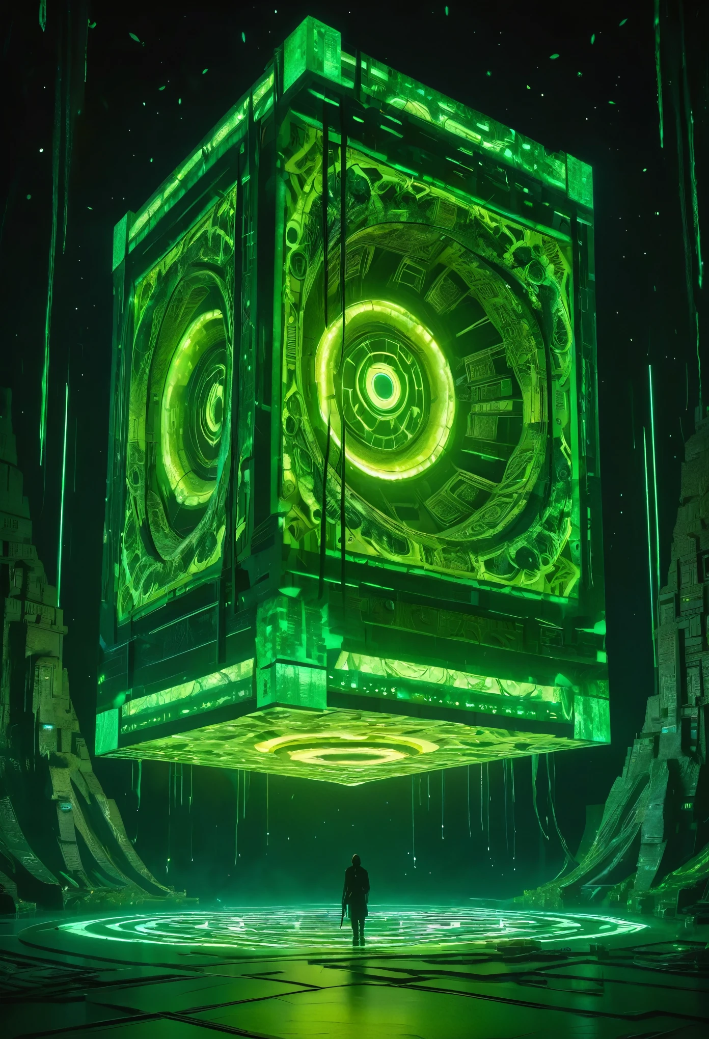 A gigantic floating cuboid structure with dark, twisting tentacles, radiating an intense green light from the circular patterns and eyes with illuminated symbols embedded in their faces. The scene has a dark and futuristic atmosphere., with a greenish-yellow lighting that envelops the entire space, full of geometric shapes and blocks suspended in the air. Two tiny, zombified figures appear to be wandering in front of this monstrous entity., highlighting its colossal scale. The atmosphere is oppressive and mysterious., as if the place were a prison or a temple of some cosmic deity. The style is a combination of science fiction and cosmic horror, with intricate details and a sense of alien grandeur.