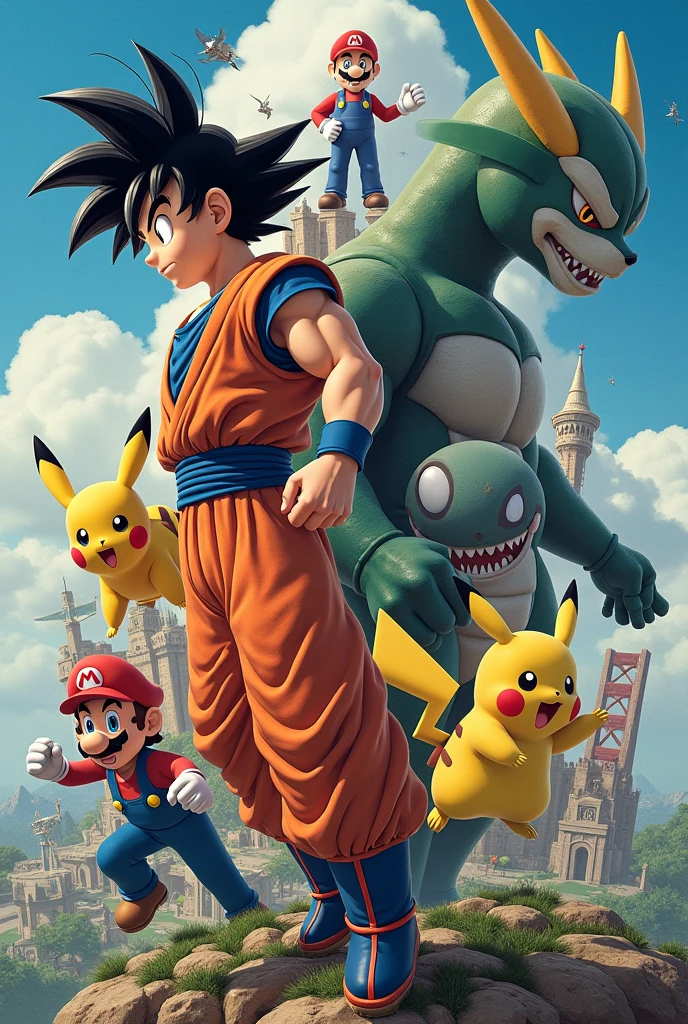 realistic collage of dragon ball images, pokemon, Mario Bros, digimon