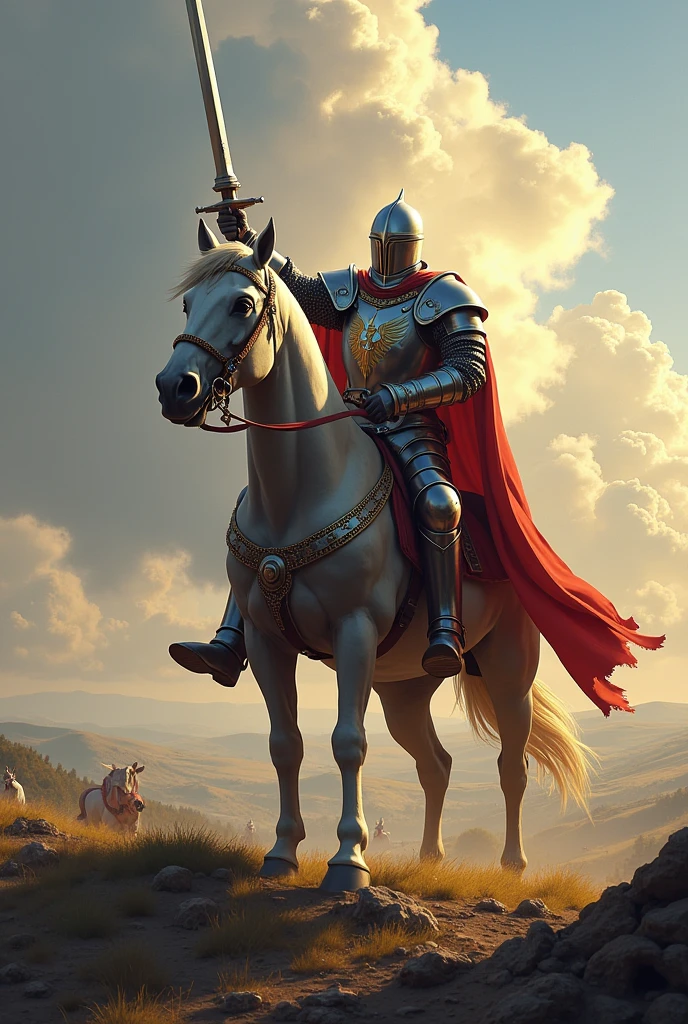 A knight holding a sword up victorious wearing helmet on a horse staying on a hill
