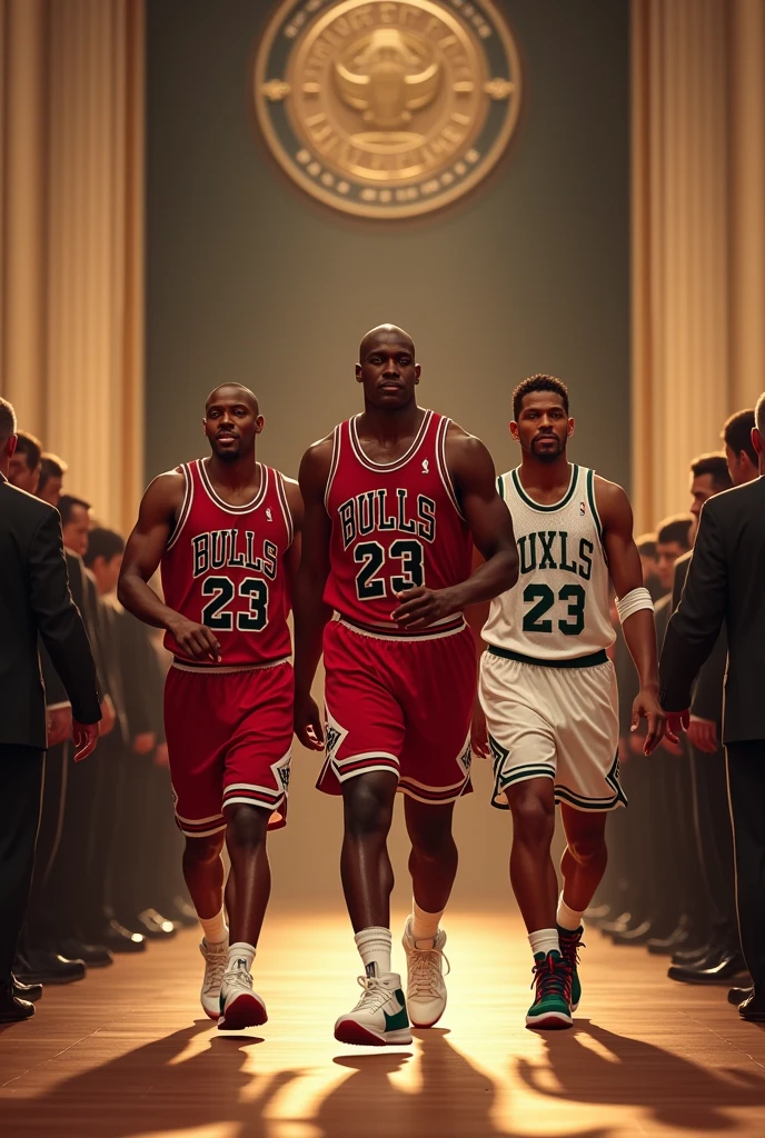 Create an image of magical Johnson,Larry bird and Michael Jordan entering the hall of fame and Jordan wearing his Jordan shoes
