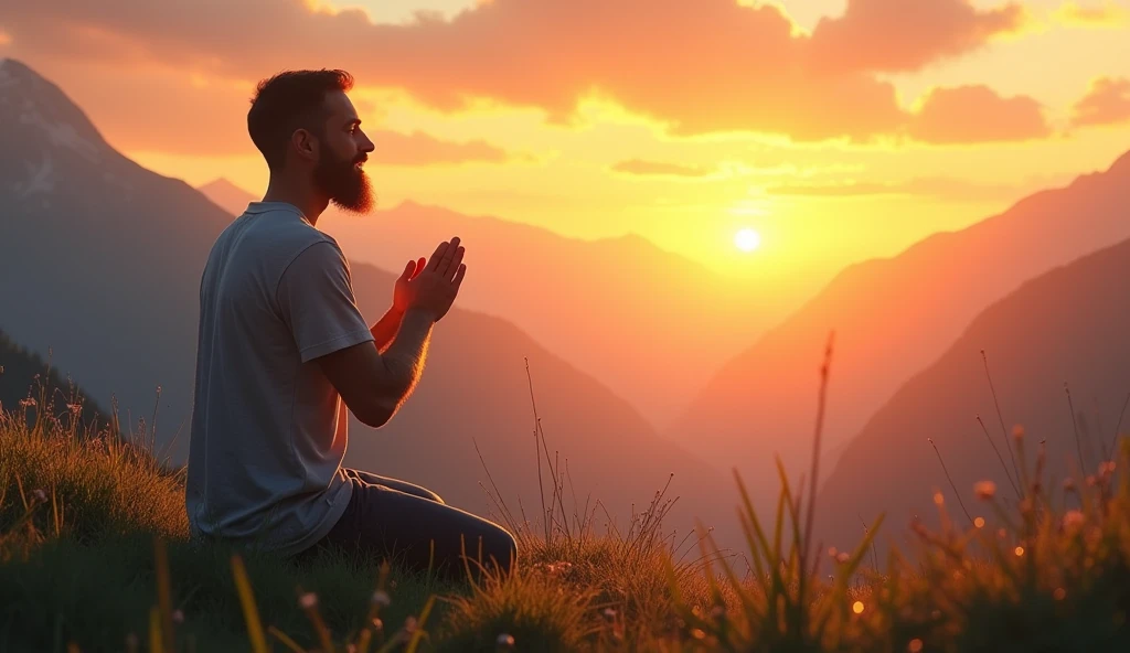 Create a serene and inspiring scene set during sunrise in a mountainous landscape. The focus is on a man kneeling in prayer on a grassy hilltop, facing the radiant sun rising over the horizon. The warm, golden light of dawn bathes the scene, highlighting the contours of the mountains in the background. The man, dressed in simple, casual clothing, appears deeply engrossed in his prayer, reflecting peace and devotion.