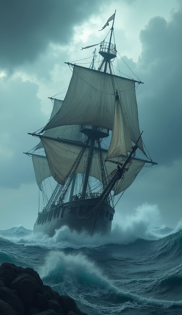 (An ancient frigate with tattered sails, Rough seas, rough waves, Raging storm, Dramatic seascape, dramatic lighting, Cool color tones, moody atmosphere, cinematic, (Best quality,4K,8 K,a high resolution,masterpiece:1.2),ultra detailed,(realistic,photorealistic,photo-realistic:1.37),dramatic lighting,cinematic composition,dramatic color palette,Epic scale,powerful waves,stormy waters,Gloomy sky,ominous clouds)