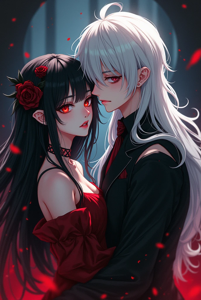 A female vampire with no pointy ears with black hair and red highlights and a male brother with long white hair. anime style image.