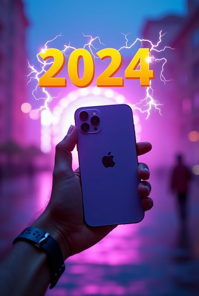 "A hand holding an iPhone 11 purple in an outdoor setting.The background is blurred with vibrant purple and blue hues. The text ‘2024 Iphone 11 ’and 'gvÎ 30 nvRv‡i' is prominently displayed in a bold, vibrant yellow and orange font with a lightning effect in the background, giving an energetic and modern feel to the scene. The overall vibe is dynamic, suggesting a tech review or announcement in the Bengali language.