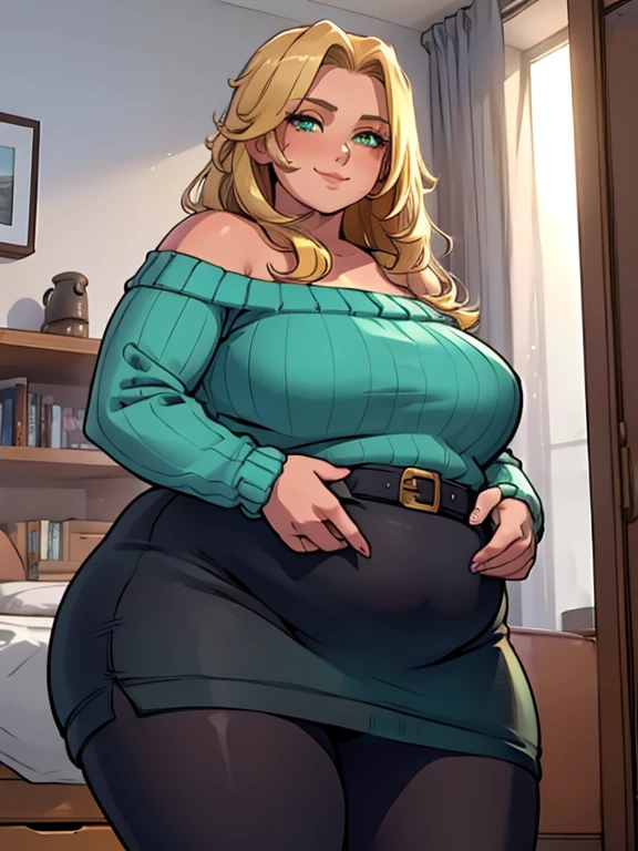 ((Masterpiece, best quality, perfect lighting, amazing shading)), (perfect anatomy, realistic proportions), field of depth, extremely beautiful, 1girl, (straight blonde hair), green eyes, (neon blue sweater), leggings, ((fat)), (ribbed sweater dress), exposed shoulders, black undershirt, high waisted belt, black tights, cute smile, inside cozy apartment Livingroom background, detailed background, (cowboy shot)