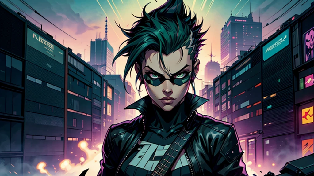 best qualityer) (Extra High Definition) green mohawk hair with mask, estilo dark, Blue details of black outfit, looking at you, Guitar in hand, stage band, Draw a high definition anime style scene (Full HD) which depicts a character with a mohawk, green mohawk style, playing a red electric guitar in a style similar to the game "guitar hero". The character, wearing sunglasses, must be in a dynamic and exciting pose, with your eyes focused on the screen in front of you. The surrounding landscape should be vibrant and full of energy, with flashy visual effects to represent the intensity of the music. The character deve estar imerso na música, displaying expressions of concentration and emotion while mastering the notes. Os espectadores, se houver, can be shown briefly on the sides, reacting to performance with enthusiasm. The general atmosphere should convey the excitement and fun of the moment., with a background that refers to the cyberpunk style, with highlighted futuristic and neon elements.  background Imagine a photograph of a teenager&#39;s bedroom that embodies the essence of gothic and rock aesthetics. The image is taken in an atmospheric and dimly lit style., with deep shadows and warm golden lighting. the room is a mixture of chaos and order, with battery, guitars and amplifiers scattered throughout the space. to bed, a black monstrosity with a metal frame, 