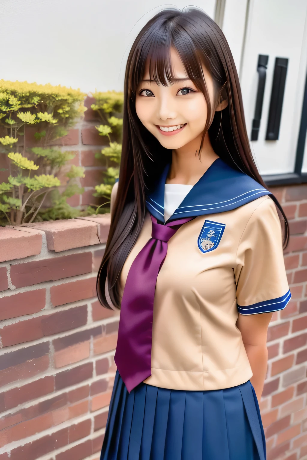 An Asian girl in uniform is standing in front of a brick wall and smiling, wearing Japanese School Uniform, seifuku, Japanese School Uniform, Girl in uniform, Japanese girls uniform, rumiko, Wearing uniform, Another Iwakura, Wear a uniform, shinkai makoto, Principal's Wearing Uniform, Sailor suit with loose coat collar, close up Another Iwakura, Face that faithfully reproduces the face of LoRA, High resolution, Very detailed, Natural Bangs, highest quality