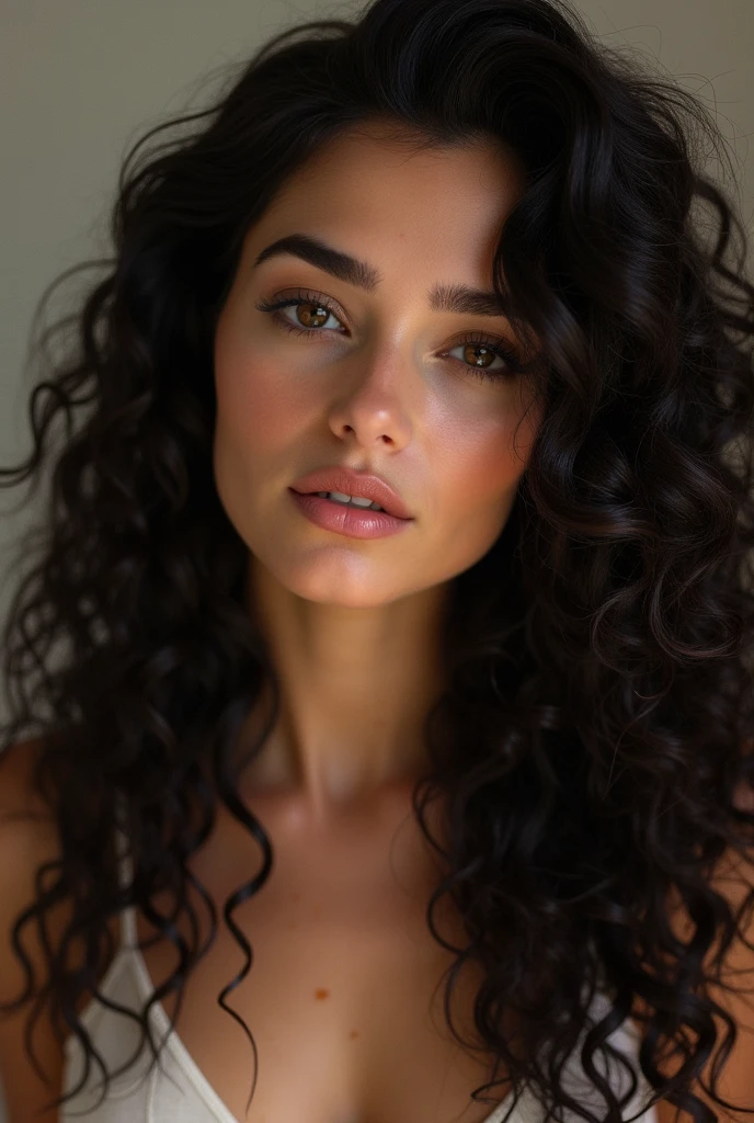 A white-skinned Ukrainian woman, closeup portrait of PoqssiV2, Best Quality, masterpiece, ultra high resolution, (Fotorrealist:1.4), raw photo, cinematic lighting , (body like Veronica Buffone), Long black very wavy hair, tall 30 year old woman, ((skin very white)), highly detailed white skin, black hair muy ondulado , thin oval face angelic and tender, Perfect athletic body. long black curly hair , completely naked, ((foto realist)), ((small breasts)), ((angelic face)),((full body photo), ((black hair rizado)), black hair, Very detailed and defined ultra-real light brown eyes , Whole body, realist, wide open mouth, she feels pain, She is lying on the bed showing her beautiful pussy.
