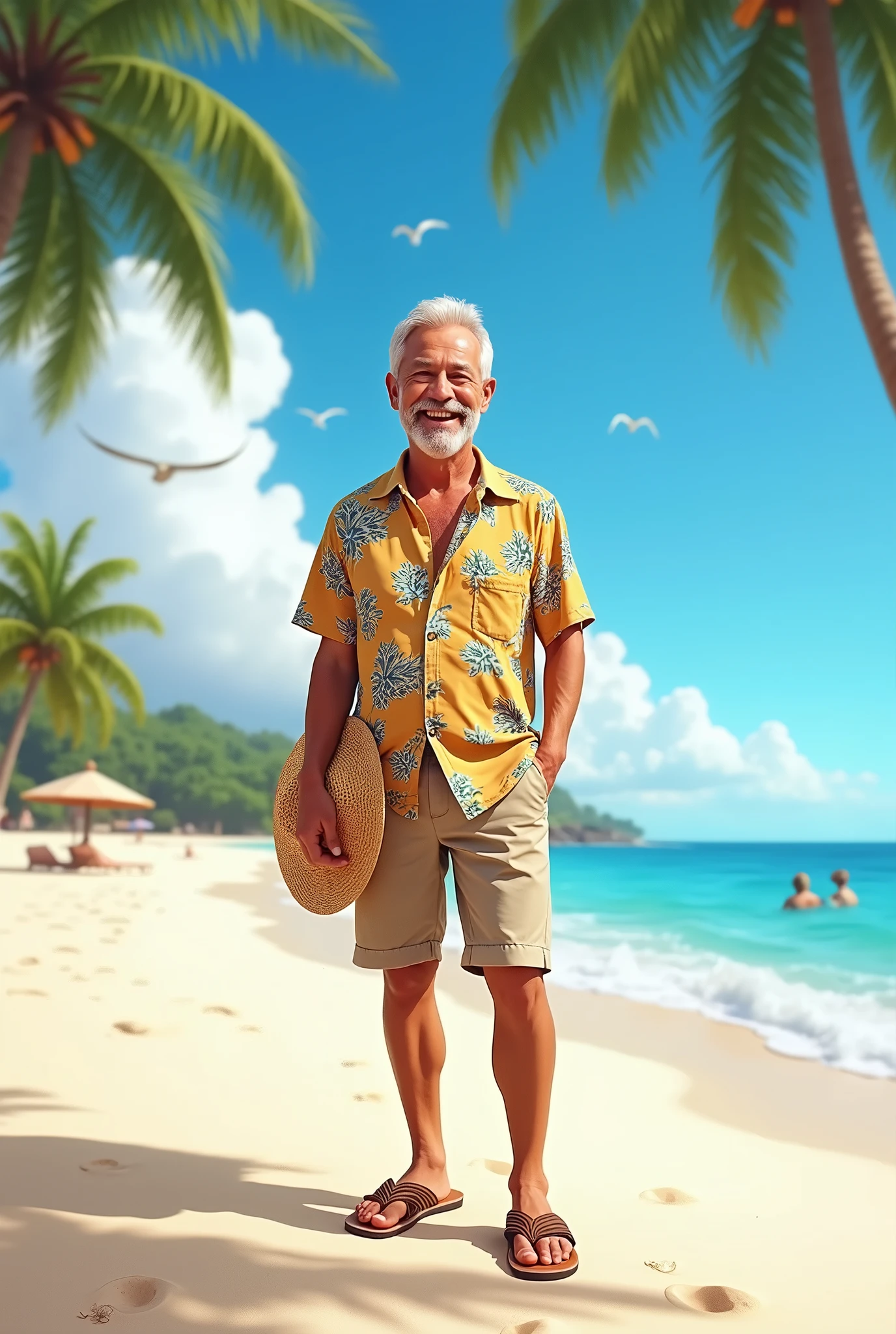 create a happy man who is wearing summer clothes and is at the beach
