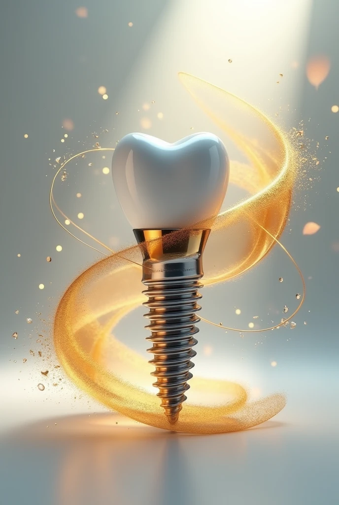 Create a masterpiece that reimagines a dental implant as an exquisite work of fine art. Position the implant at the center of the composition, meticulously rendering every detail of its titanium post and crown with unparalleled precision. The implant should exude strength and sophistication, with its contours and textures carefully highlighted to showcase its engineering excellence.
Surround the implant with luxurious, flowing golden accents that seem to dance around it, symbolizing the blend of science and artistry. Incorporate abstract patterns and delicate, intricate details that suggest both the complexity of dental technology and the elegance of modern design. These elements should enhance the implant without overwhelming it, maintaining a balance that exudes both precision and beauty.
The background should be minimalist yet refined, using soft gradients, subtle textures, or ethereal layers to create a serene and elegant atmosphere that keeps the focus firmly on the implant. The lighting should be masterfully crafted, casting gentle, strategic highlights that emphasize the metallic sheen and smooth surfaces, while creating soft shadows that add depth and dimension to the image.
The overall composition should harmonize the technical brilliance and durability of the dental implant with the aesthetic elegance of contemporary art. The result should be an image that is not only visually stunning but also conceptually profound, reflecting the seamless integration of medical innovation and artistic beauty