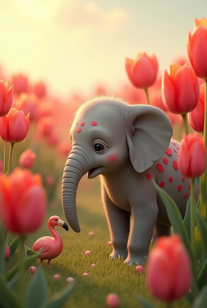 cute  elephant, right side of the body with many red spots, walking in a field of red tulips, finds cute babymingo