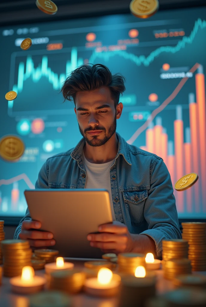 (photorealism:1.2), A (realistic) image depicting financial independence, showing a successful young man, content creator, using a social network with its own marketplace to sell his products or services. The image should include elements such as financial growth graphs, an active online community, and symbols of economic freedom such as coins and bills.