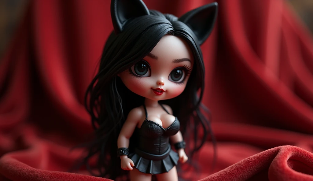 Sexy midget dwarf girl, only 3 feet tall, sexy mini skirt, provocative smile, goth dark makeup, cat ears, in a velvet palace, ready for love, photo realistic, hdr, movie scene