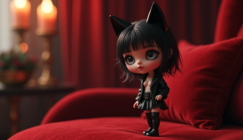 Cute midget dwarf girl, only 3 feet tall, sexy mini skirt, provocative smile, goth dark makeup, cat ears, in a velvet palace, ready for love, photo realistic, hdr, movie scene