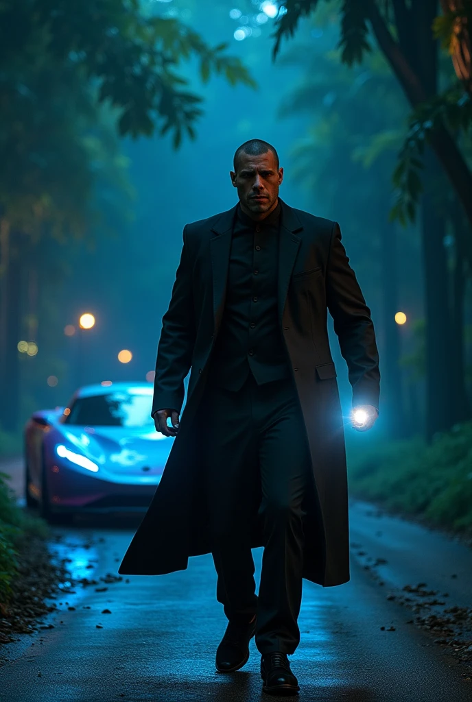 A man in a jungle road at night in long black suit and hand torch with the background of future car with lights onn and lights colours is blue and glossy and the has muscular body take a little change of colour