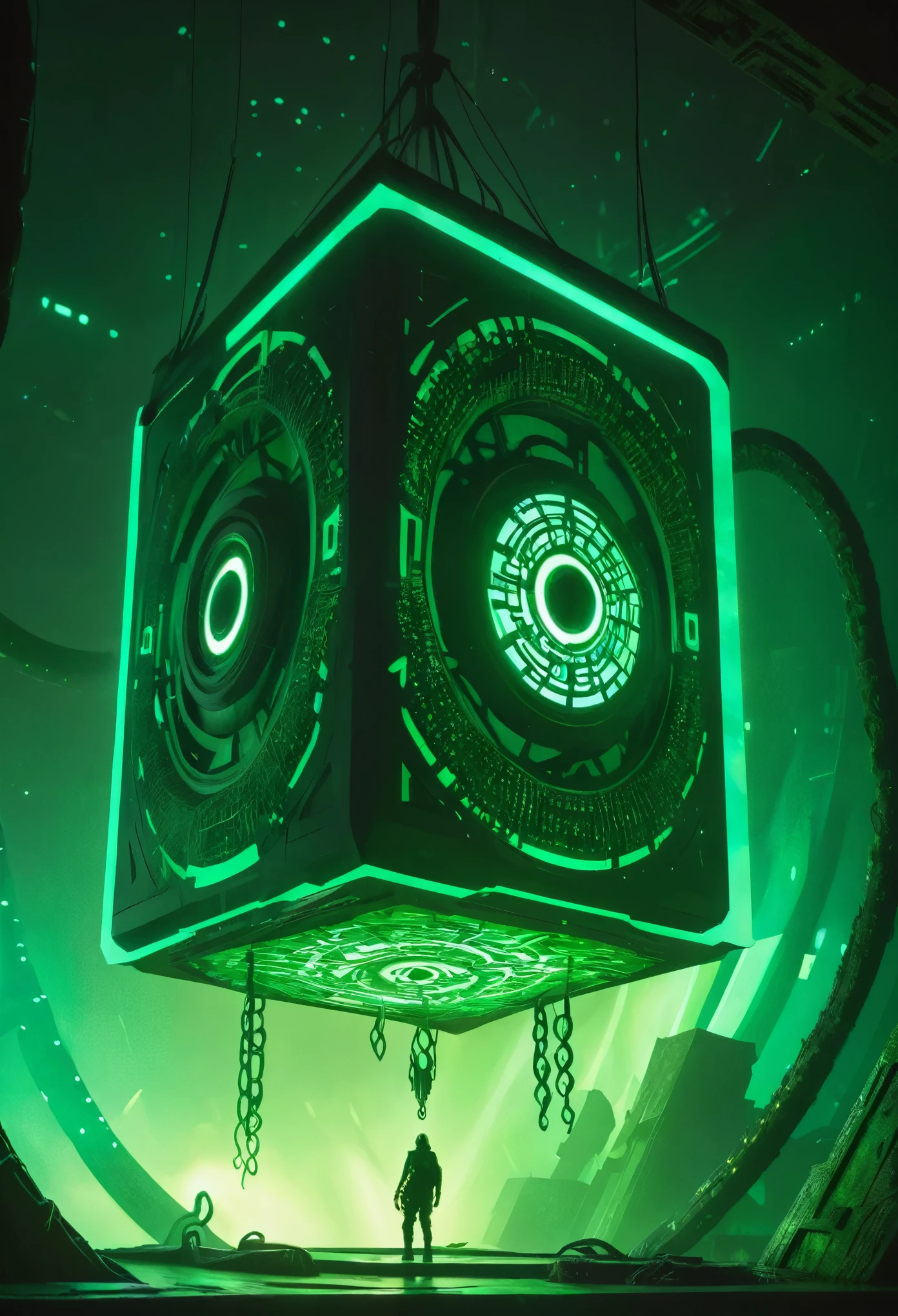 A gigantic floating cuboid structure with dark, twisting tentacles, radiating an intense green light from the circular patterns and eyes with illuminated symbols embedded in their faces. The scene has a dark and futuristic atmosphere., with a greenish-yellow lighting that envelops the entire space, full of geometric shapes and blocks suspended in the air. Two tiny, zombified figures appear to be wandering in front of this monstrous entity., highlighting its colossal scale. The atmosphere is oppressive and mysterious., as if the place were a prison or a temple of some cosmic deity. The style is a combination of science fiction and cosmic horror, with intricate details and a sense of alien grandeur.