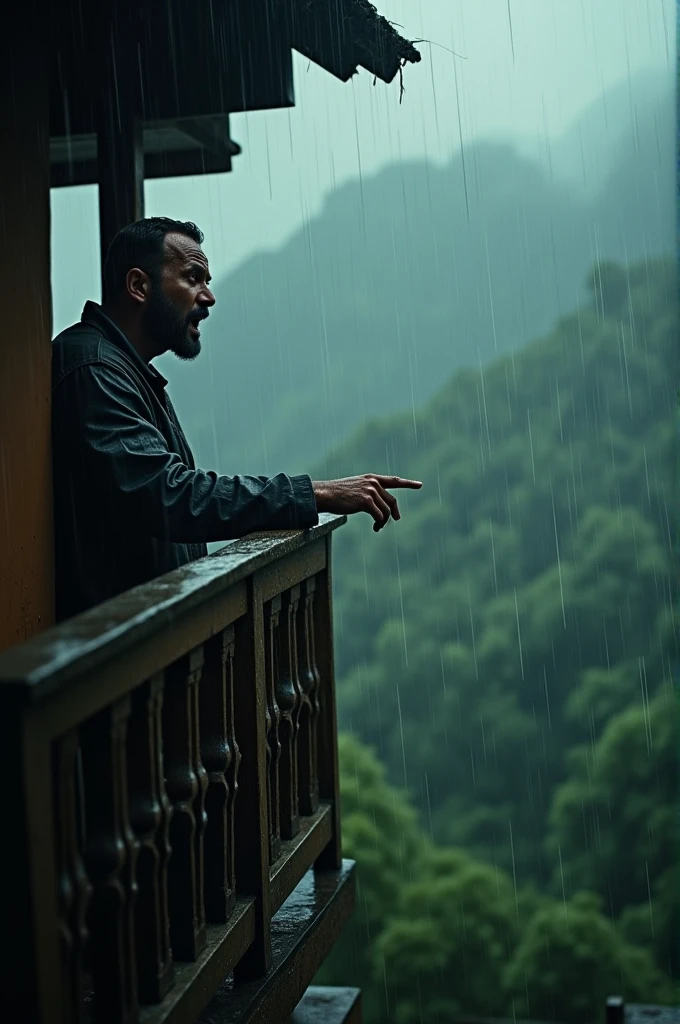 create cinematic, photo realistic film poster of a drenched man staring from the balcony of his first floor bungalow, shouting downwards, heavy rain, monsoon, outskirts of Darjeeling, finger pointing, man without beard and moustache 