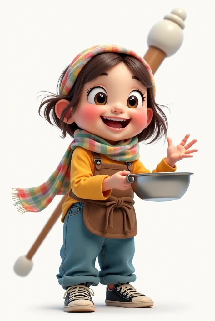 A little chubby girl, short-legged, large eyes, White skin, Brown hair in shoulder-length waves, With a colorful scarf on her head, WHITE POLE, jean azul, black chunky sneakers and brown apron, holding a frying pan in his hand. With gestures of happiness 