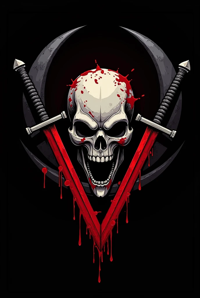 Make a logo with a black background in front of a skull with its mouth open while there are blood stains around it, Behind it there are 2 straight gray swords that make a V shape and behind that there is a red V for Vendetta with blood dripping from it.