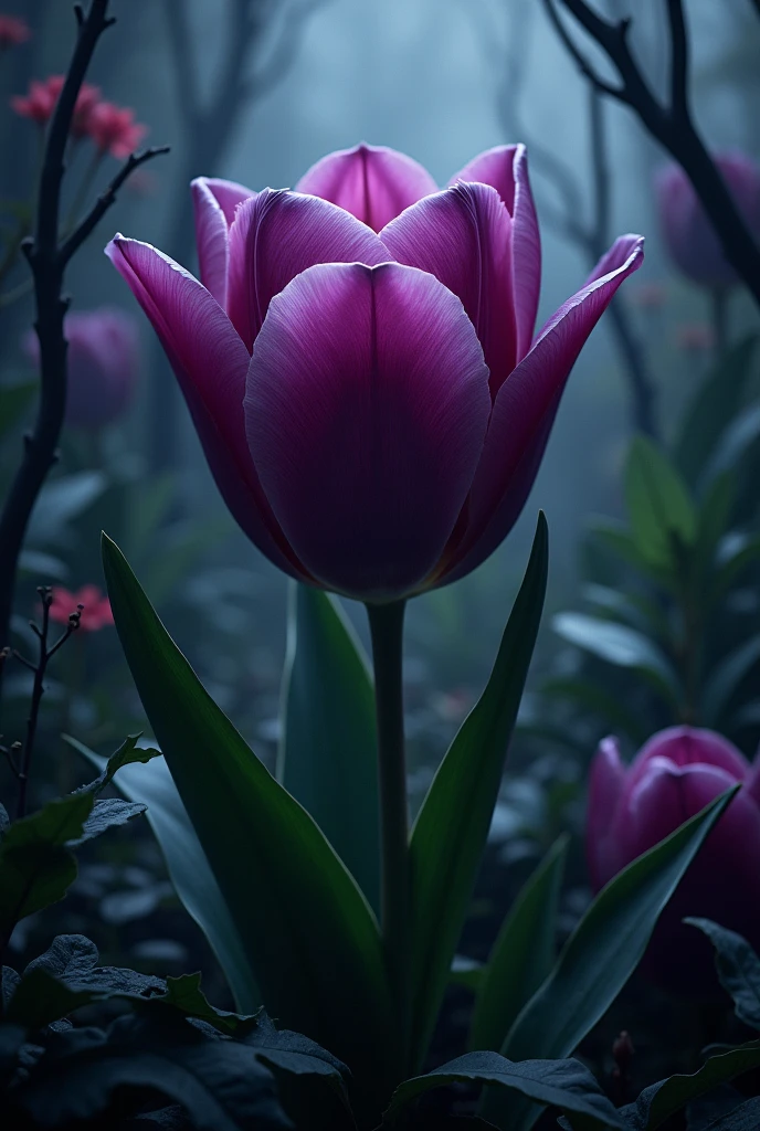 An image of a large, purple tulip that stands out with vegetation around it and the image is dark and not illuminated.