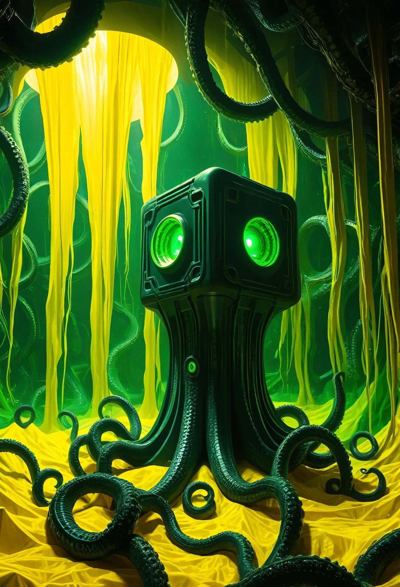 A gigantic floating cuboid structure with dark, twisting tentacles, radiating an intense green light from the circular patterns and eyes with illuminated symbols embedded in their faces. The scene has a dark and futuristic atmosphere., with a greenish-yellow lighting that envelops the entire space, full of geometric shapes and blocks suspended in the air. Two tiny, zombified figures appear to be wandering in front of this monstrous entity., highlighting its colossal scale. The atmosphere is oppressive and mysterious., as if the place were a prison or a temple of some cosmic deity. The style is a combination of science fiction and cosmic horror, with intricate details and a sense of alien grandeur.