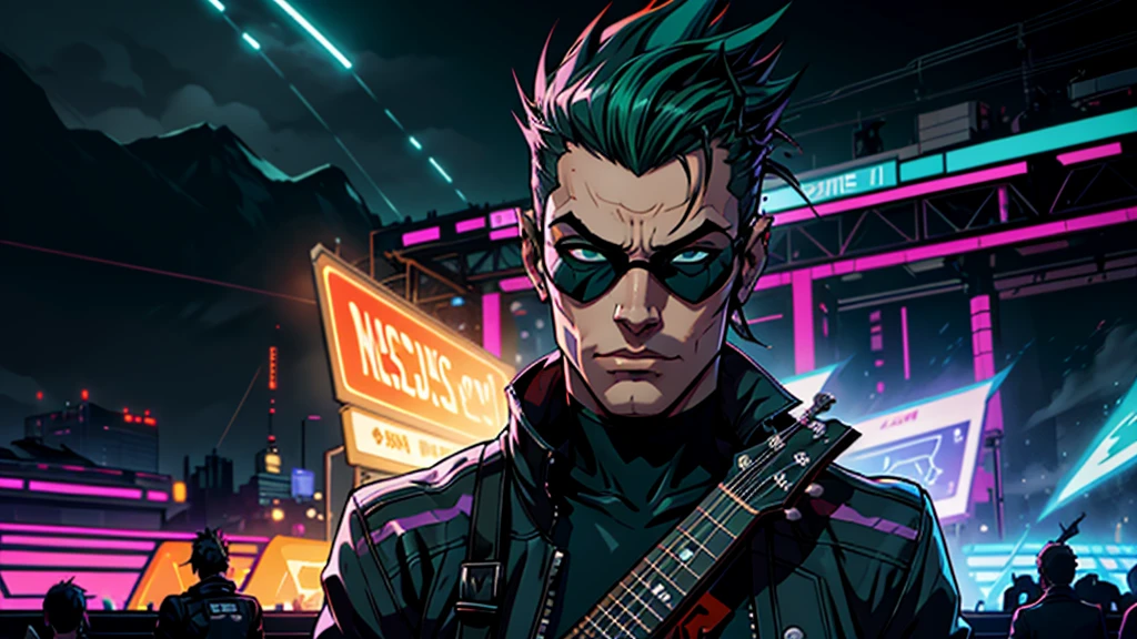 best qualityer) (Extra High Definition) green mohawk hair with mask, estilo dark, Blue details of black outfit, looking at you, Guitar in hand, stage band, Draw a high definition anime style scene (Full HD) which depicts a character with a mohawk, green mohawk style, playing a red electric guitar in a style similar to the game "guitar hero". The character, wearing sunglasses, must be in a dynamic and exciting pose, with your eyes focused on the screen in front of you. The surrounding landscape should be vibrant and full of energy, with flashy visual effects to represent the intensity of the music. The character deve estar imerso na música, displaying expressions of concentration and emotion while mastering the notes. Os espectadores, se houver, can be shown briefly on the sides, reacting to performance with enthusiasm. The general atmosphere should convey the excitement and fun of the moment., with a background that refers to the cyberpunk style, with highlighted futuristic and neon elements.  background Imagine a photograph of a teenager&#39;s bedroom that embodies the essence of gothic and rock aesthetics. The image is taken in an atmospheric and dimly lit style., with deep shadows and warm golden lighting. the room is a mixture of chaos and order, with battery, guitars and amplifiers scattered throughout the space. to bed, a black monstrosity with a metal frame, 