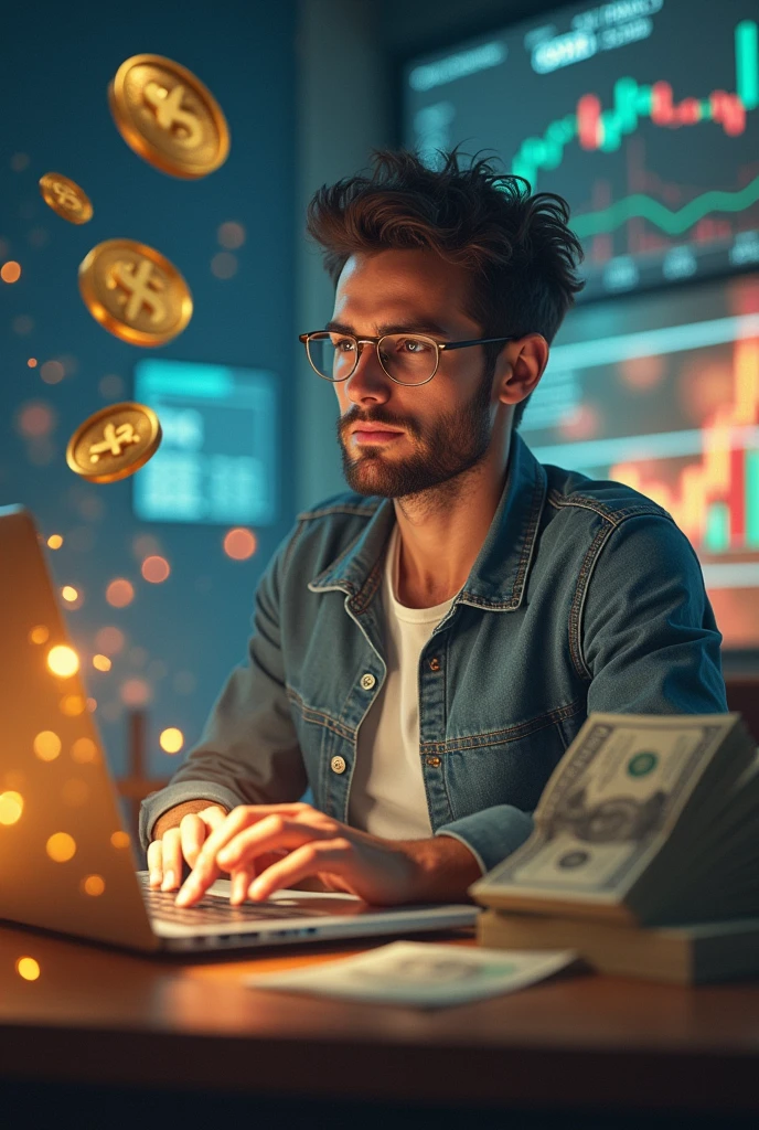 (photorealism:1.2), A (realistic) image depicting financial independence, showing a successful young man, content creator, using a social network with its own marketplace to sell his products or services. The image should include elements such as financial growth graphs, an active online community, and symbols of economic freedom such as coins and bills.