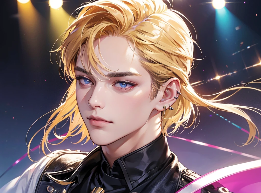 a handsome man with blonde hair and brown eyes, wearing a modern idol costume on a stage background with purple and blue neon lights, (best quality,4k,8k,highres,masterpiece:1.2),ultra-detailed,(realistic,photorealistic,photo-realistic:1.37),highly detailed face, extremely detailed eyes and face, beautiful detailed lips, longeyelashes, singer, man, ear piercing, short haircut, stage performance, professional, vivid colors