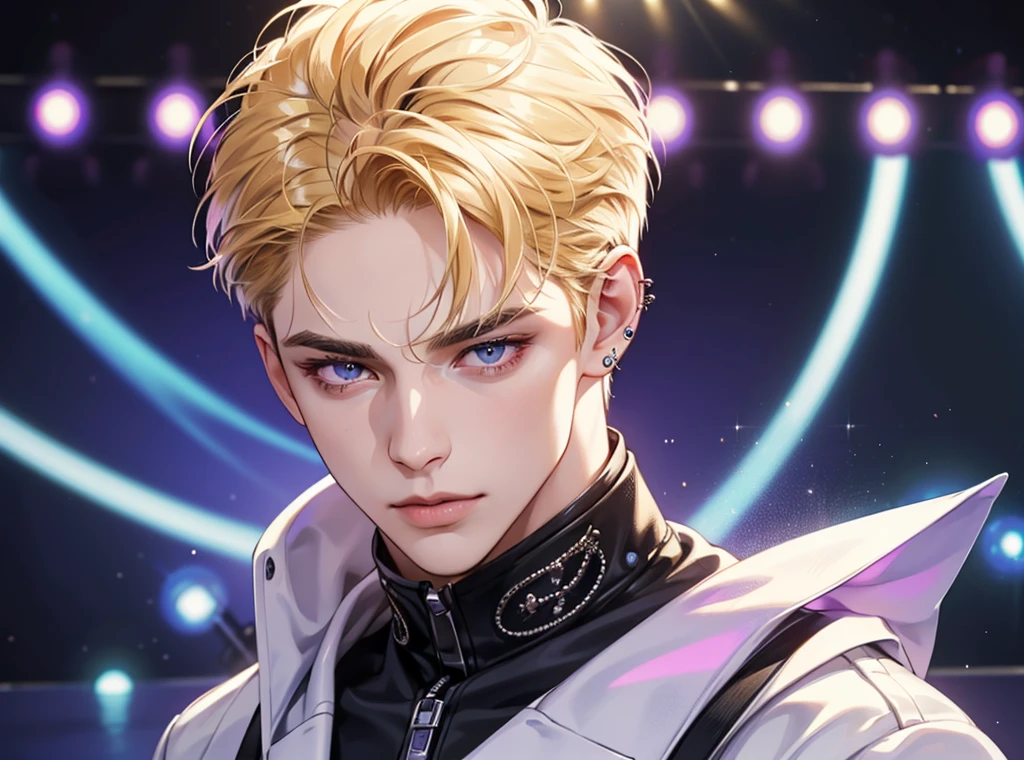 a handsome man with blonde hair and brown eyes, wearing a modern idol costume on a stage background with purple and blue neon lights, (best quality,4k,8k,highres,masterpiece:1.2),ultra-detailed,(realistic,photorealistic,photo-realistic:1.37),highly detailed face, extremely detailed eyes and face, beautiful detailed lips, longeyelashes, singer, man, ear piercing, short haircut, stage performance, professional, vivid colors